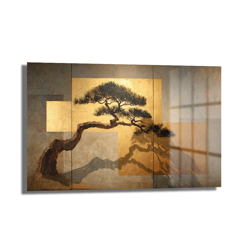 Japon Bonsai Ağacı ve Altın Dokunuşlar Cam Tablo Duvar Dekoru Japon Bonsai Ağacı ve Altın Dokunuşlar Cam Tablo
