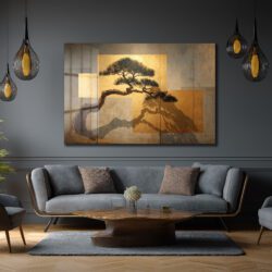 Japon Bonsai Ağacı ve Altın Dokunuşlar Cam Tablo Duvar Dekoru Japon Bonsai Ağacı ve Altın Dokunuşlar Cam Tablo