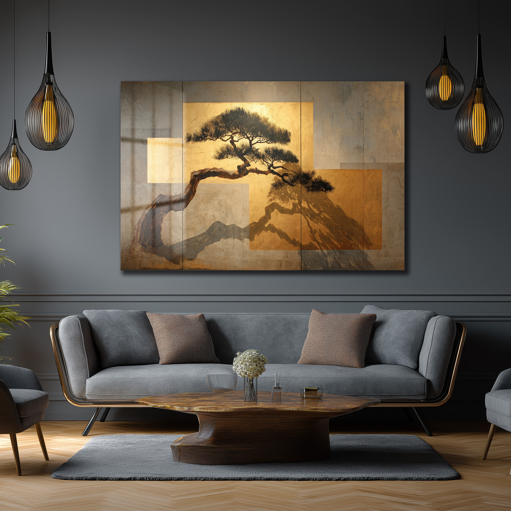 Japon Bonsai Ağacı ve Altın Dokunuşlar Cam Tablo Duvar Dekoru Japon Bonsai Ağacı ve Altın Dokunuşlar Cam Tablo