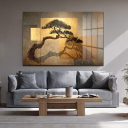 Japon Bonsai Ağacı ve Altın Dokunuşlar Cam Tablo Duvar Dekoru Japon Bonsai Ağacı ve Altın Dokunuşlar Cam Tablo