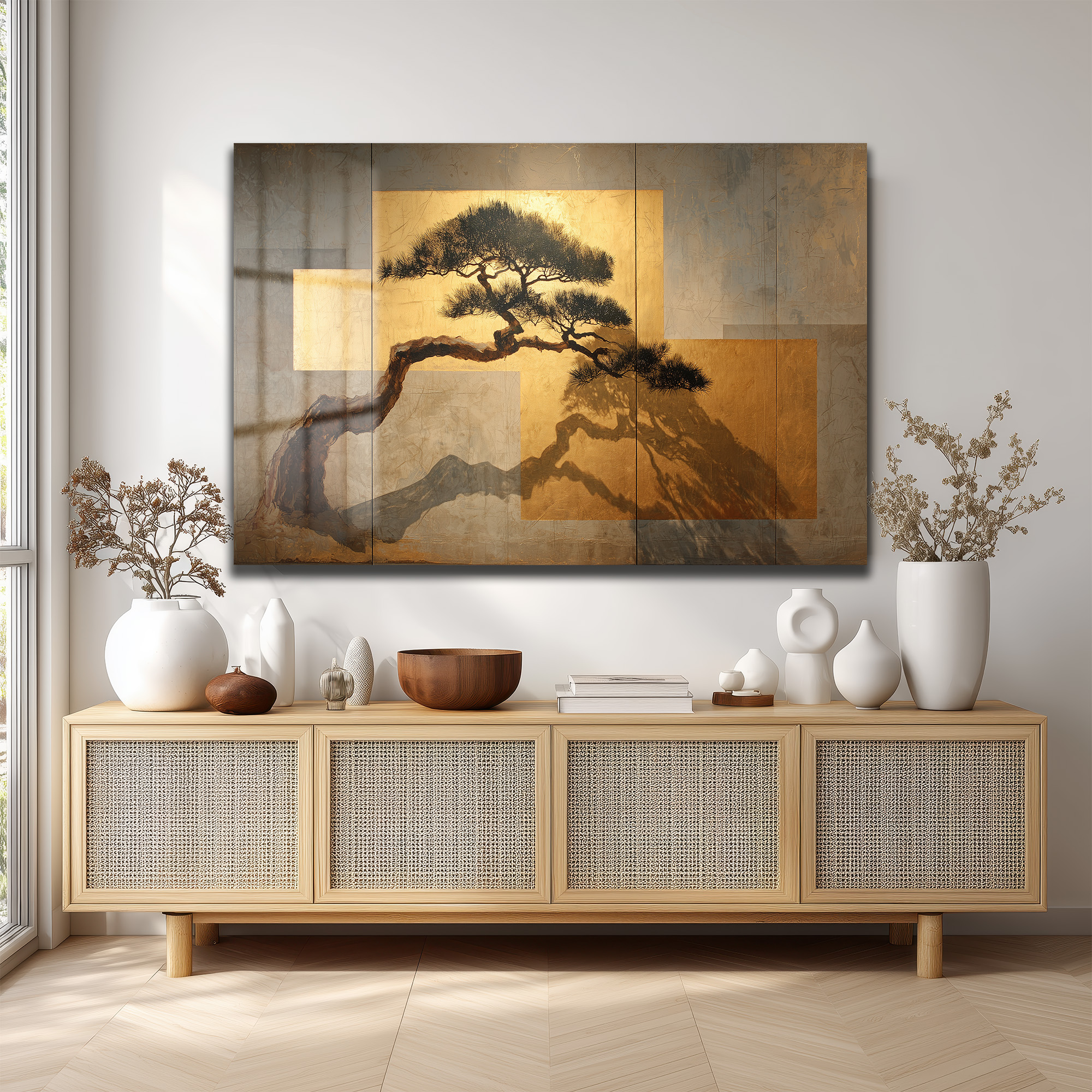 Japon Bonsai Ağacı ve Altın Dokunuşlar Cam Tablo Duvar Dekoru Japon Bonsai Ağacı ve Altın Dokunuşlar Cam Tablo