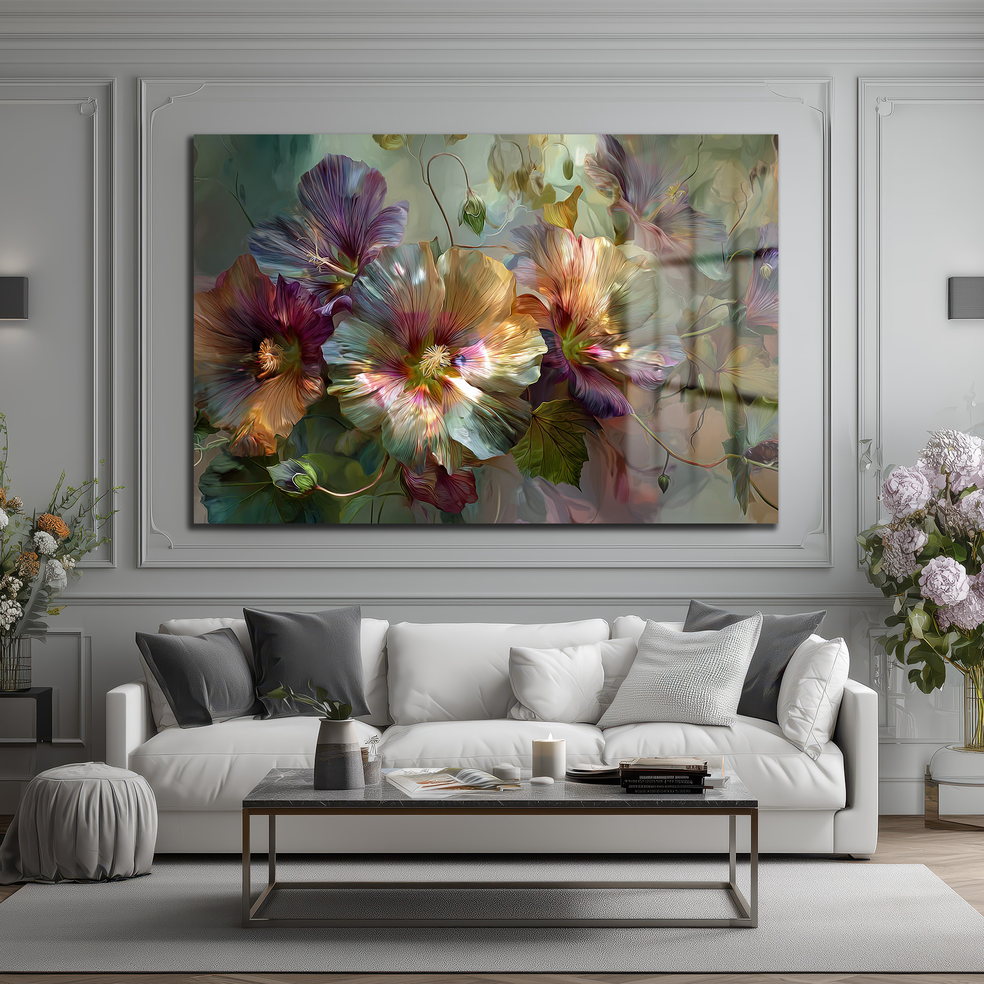 Rüya Gibi Pastel Çiçekler Cam Tablo | Modern Floral Sanat Duvar Dekoru Rüya Gibi Pastel Çiçekler Cam Tablo | Modern Floral Sanat