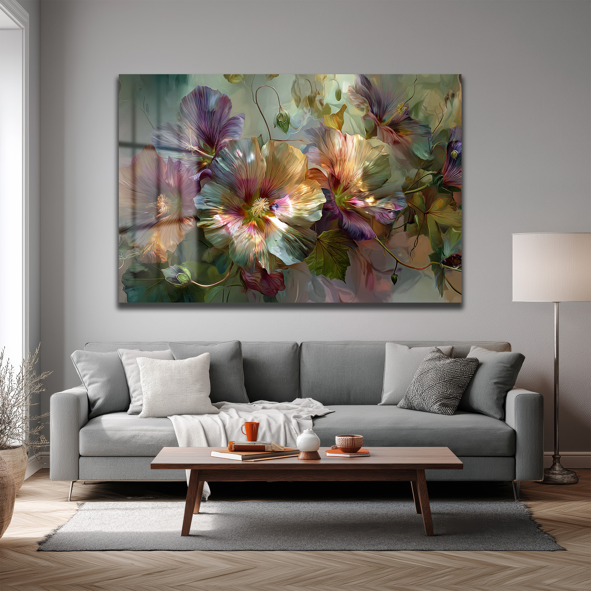 Rüya Gibi Pastel Çiçekler Cam Tablo | Modern Floral Sanat Duvar Dekoru Rüya Gibi Pastel Çiçekler Cam Tablo | Modern Floral Sanat