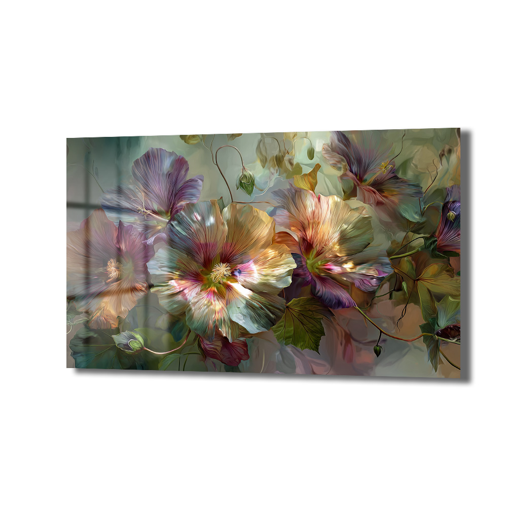Rüya Gibi Pastel Çiçekler Cam Tablo | Modern Floral Sanat Duvar Dekoru Pastel tonlarda, mor, pembe, sarı ve yeşil renklerin hakim olduğu, soyut ve modern tarzda büyük çiçeklerin yer aldığı yatay cam tablo. Çiçeklerin ortasında parlayan ışık efektleri ve belirgin damarlar ile detaylandırılmış.