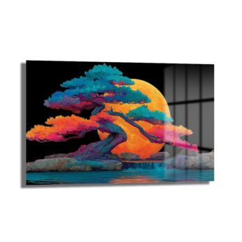 Ay Işığında Renkli Bonsai Ağacı ve Şelale Cam Tablo - Glazella Ay Işığında Renkli Bonsai Ağacı ve Şelale Cam Tablo - Glazella