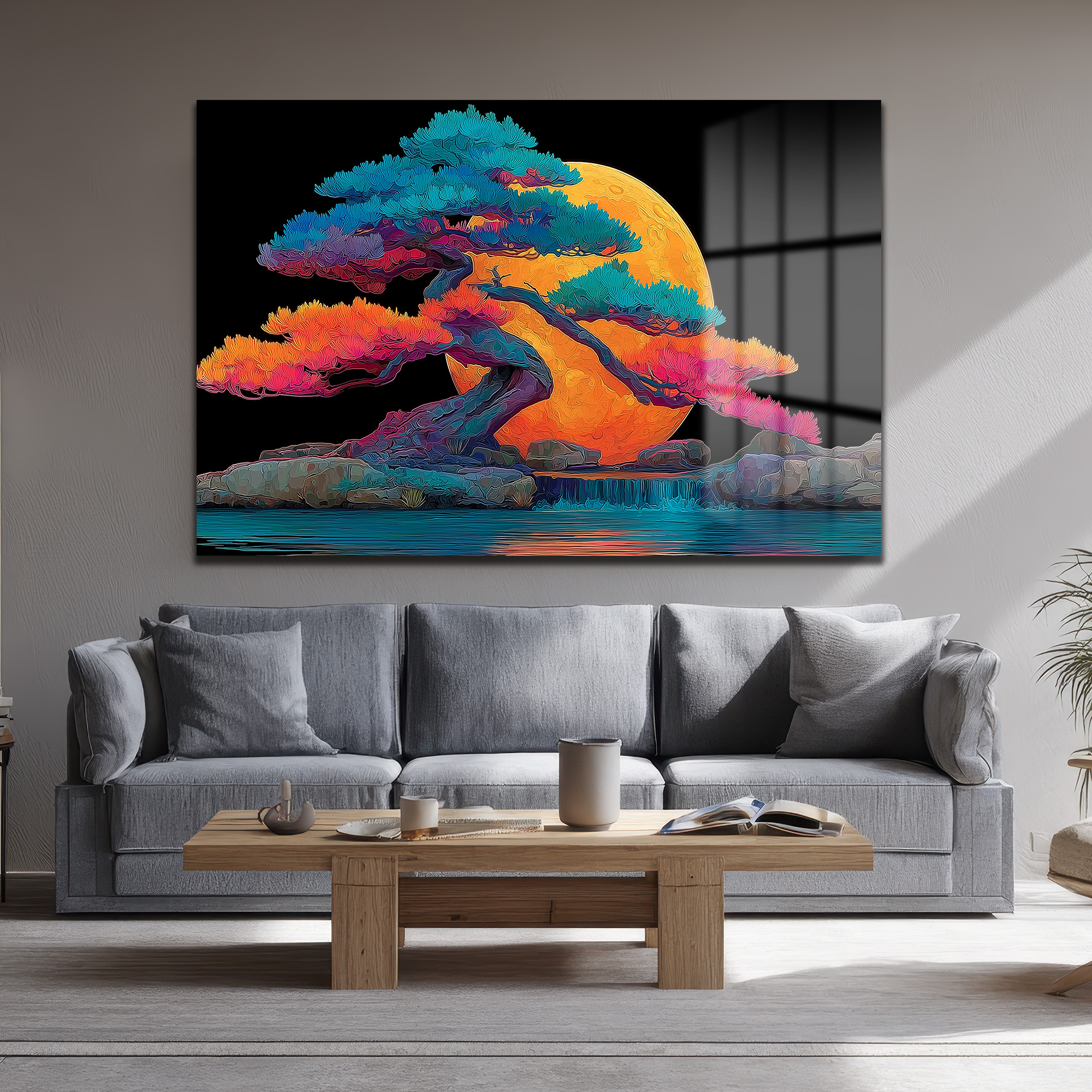 Ay Işığında Renkli Bonsai Ağacı ve Şelale Cam Tablo - Glazella Ay Işığında Renkli Bonsai Ağacı ve Şelale Cam Tablo - Glazella