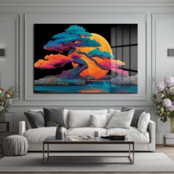 Ay Işığında Renkli Bonsai Ağacı ve Şelale Cam Tablo - Glazella Ay Işığında Renkli Bonsai Ağacı ve Şelale Cam Tablo - Glazella