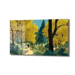 Sonbahar renklerinde, sarı yapraklı ağaçlarla dolu bir parkta, toprak yolda yürüyen yalnız bir silüeti gösteren, güçlü çizgilere sahip modern bir cam tablo.