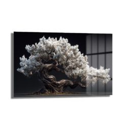 Beyaz Çiçekli Bonsai Ağacı Cam Tablo - Zen Bahçesi Estetiği Duvar Dekoru Beyaz Çiçekli Bonsai Ağacı Cam Tablo - Zen Bahçesi Estetiği