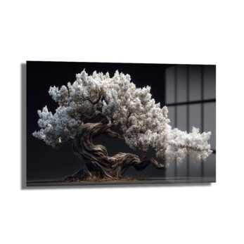 Beyaz Çiçekli Bonsai Ağacı Cam Tablo - Zen Bahçesi Estetiği - Glazella