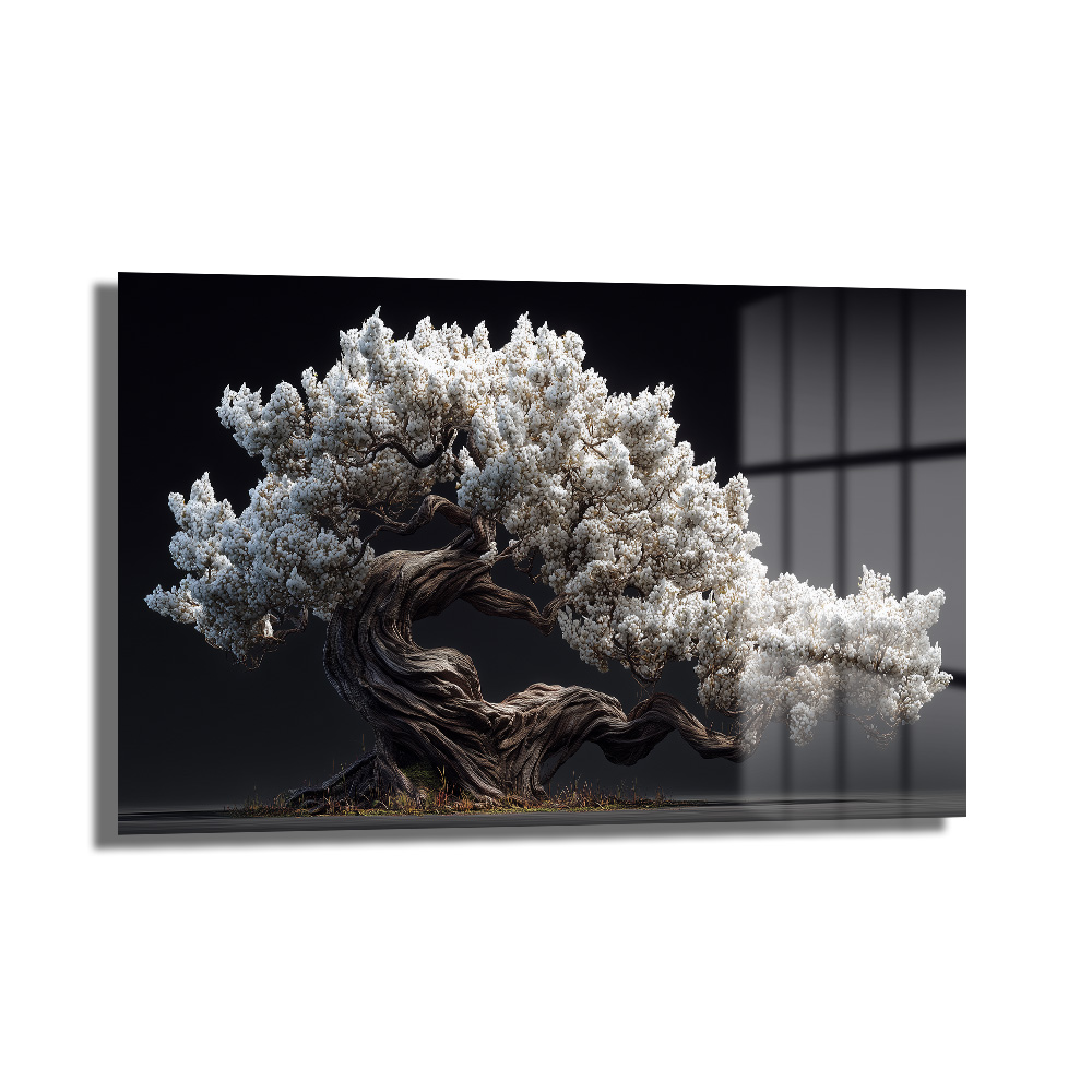 Beyaz Çiçekli Bonsai Ağacı Cam Tablo - Zen Bahçesi Estetiği Duvar Dekoru Beyaz Çiçekli Bonsai Ağacı Cam Tablo - Zen Bahçesi Estetiği