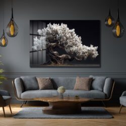 Beyaz Çiçekli Bonsai Ağacı Cam Tablo - Zen Bahçesi Estetiği Duvar Dekoru Beyaz Çiçekli Bonsai Ağacı Cam Tablo - Zen Bahçesi Estetiği