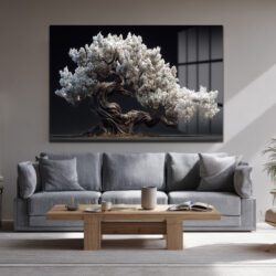 Beyaz Çiçekli Bonsai Ağacı Cam Tablo - Zen Bahçesi Estetiği Duvar Dekoru Beyaz Çiçekli Bonsai Ağacı Cam Tablo - Zen Bahçesi Estetiği