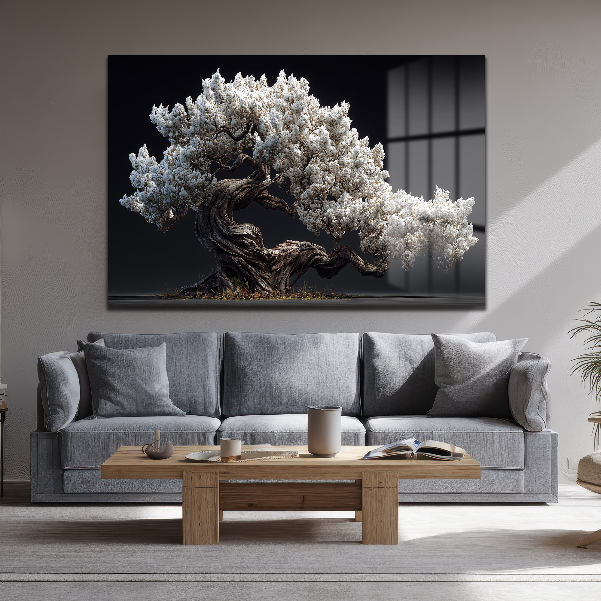 Beyaz Çiçekli Bonsai Ağacı Cam Tablo - Zen Bahçesi Estetiği Duvar Dekoru Beyaz Çiçekli Bonsai Ağacı Cam Tablo - Zen Bahçesi Estetiği