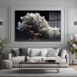 Beyaz Çiçekli Bonsai Ağacı Cam Tablo - Zen Bahçesi Estetiği Duvar Dekoru Beyaz Çiçekli Bonsai Ağacı Cam Tablo - Zen Bahçesi Estetiği