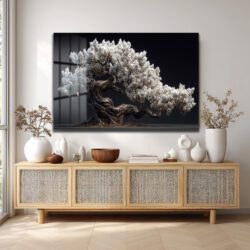 Beyaz Çiçekli Bonsai Ağacı Cam Tablo - Zen Bahçesi Estetiği Duvar Dekoru Beyaz Çiçekli Bonsai Ağacı Cam Tablo - Zen Bahçesi Estetiği