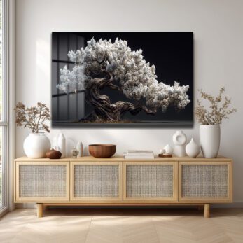 Beyaz Çiçekli Bonsai Ağacı Cam Tablo - Zen Bahçesi Estetiği - Glazella Beyaz Çiçekli Bonsai Ağacı Cam Tablo - Zen Bahçesi Estetiği - Glazella