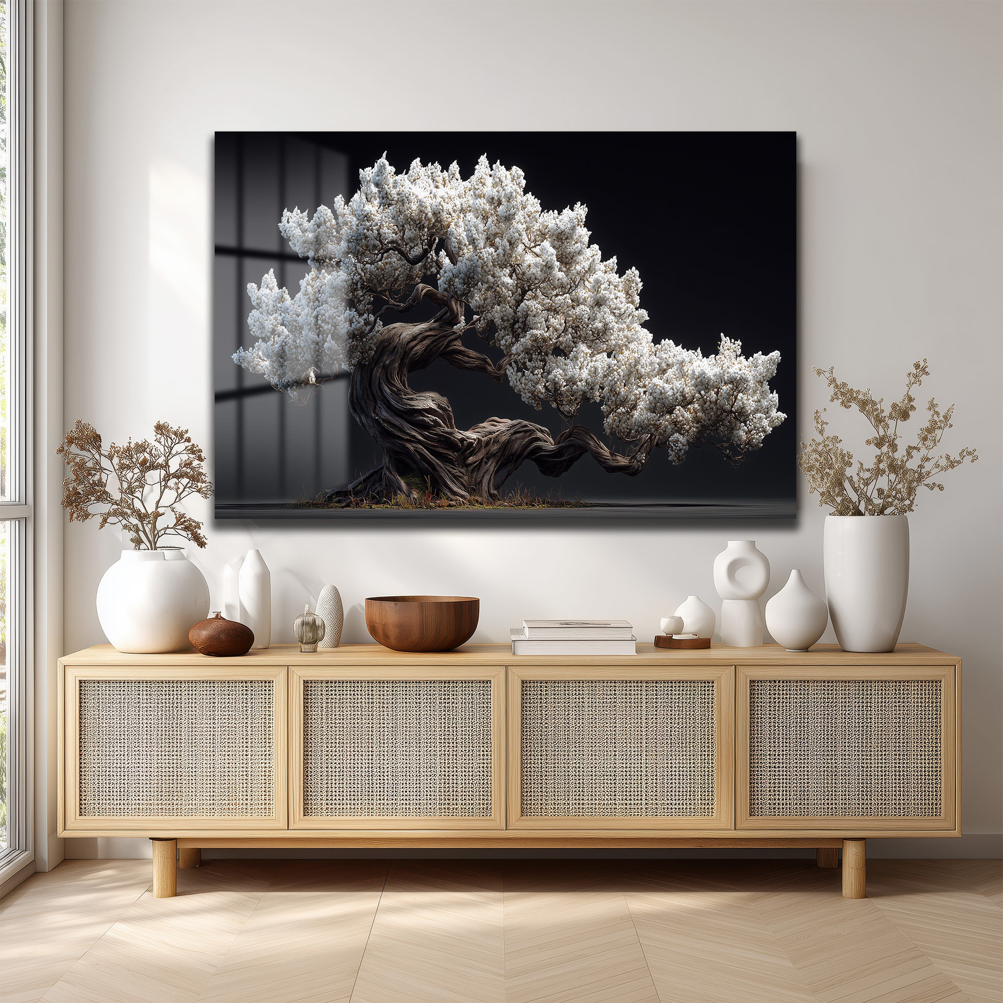 Beyaz Çiçekli Bonsai Ağacı Cam Tablo - Zen Bahçesi Estetiği Duvar Dekoru Beyaz Çiçekli Bonsai Ağacı Cam Tablo - Zen Bahçesi Estetiği