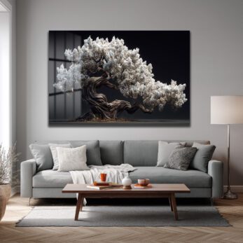 Beyaz Çiçekli Bonsai Ağacı Cam Tablo - Zen Bahçesi Estetiği - Glazella Beyaz Çiçekli Bonsai Ağacı Cam Tablo - Zen Bahçesi Estetiği - Glazella