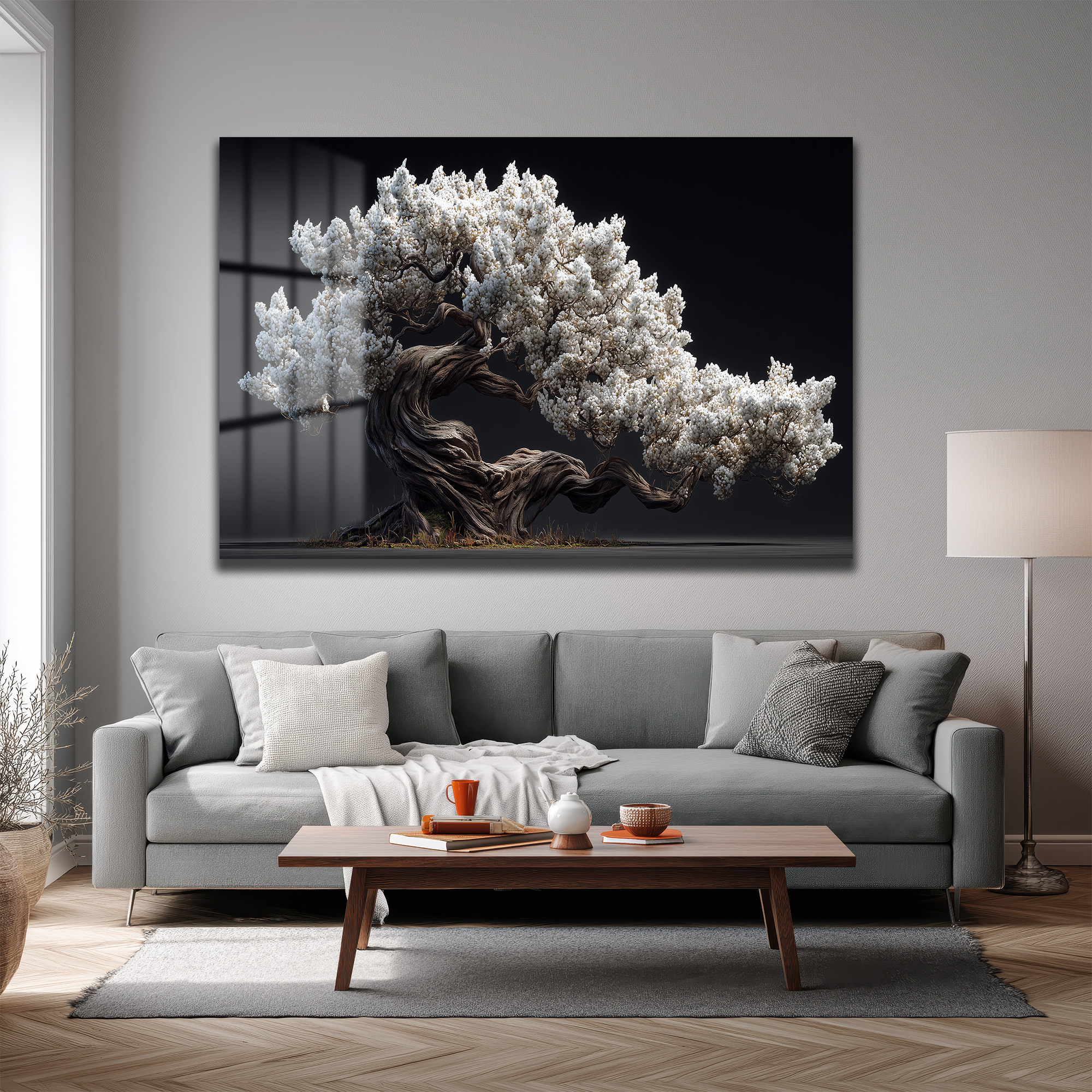 Beyaz Çiçekli Bonsai Ağacı Cam Tablo - Zen Bahçesi Estetiği Duvar Dekoru Beyaz Çiçekli Bonsai Ağacı Cam Tablo - Zen Bahçesi Estetiği