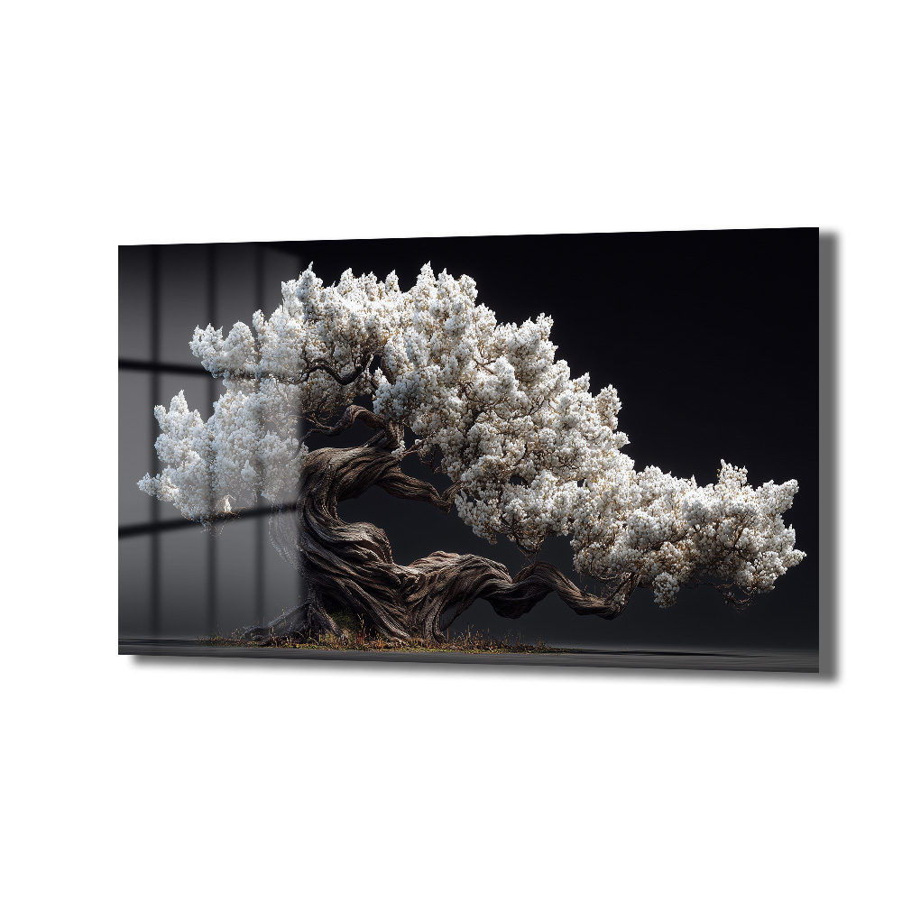 Beyaz Çiçekli Bonsai Ağacı Cam Tablo - Zen Bahçesi Estetiği Duvar Dekoru Koyu gri ve siyah bir arka plan önünde, beyaz çiçeklerle kaplı, kıvrımlı ve yaşlı kahverengi bir gövdeye sahip zarif bir bonsai ağacını gösteren cam tablo.