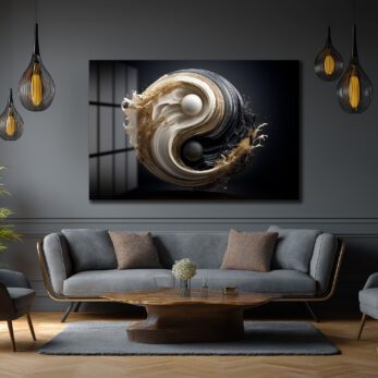 Yin Yang Enerjisi Siyah Beyaz Altın Detaylı Modern Cam Tablo - Glazella