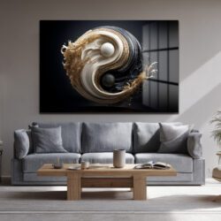 Yin Yang Enerjisi Siyah Beyaz Altın Detaylı Modern Cam Tablo Duvar Dekoru Yin Yang Enerjisi Siyah Beyaz Altın Detaylı Modern Cam Tablo