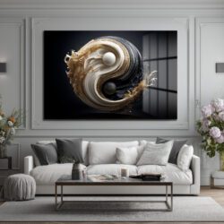 Yin Yang Enerjisi Siyah Beyaz Altın Detaylı Modern Cam Tablo Duvar Dekoru Yin Yang Enerjisi Siyah Beyaz Altın Detaylı Modern Cam Tablo