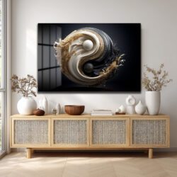 Yin Yang Enerjisi Siyah Beyaz Altın Detaylı Modern Cam Tablo Duvar Dekoru Yin Yang Enerjisi Siyah Beyaz Altın Detaylı Modern Cam Tablo