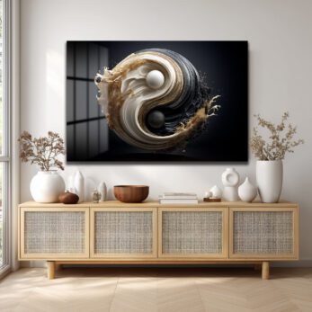 Yin Yang Enerjisi Siyah Beyaz Altın Detaylı Modern Cam Tablo - Glazella