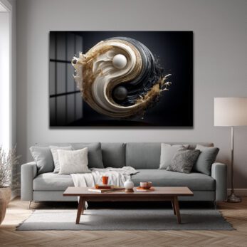 Yin Yang Enerjisi Siyah Beyaz Altın Detaylı Modern Cam Tablo - Glazella