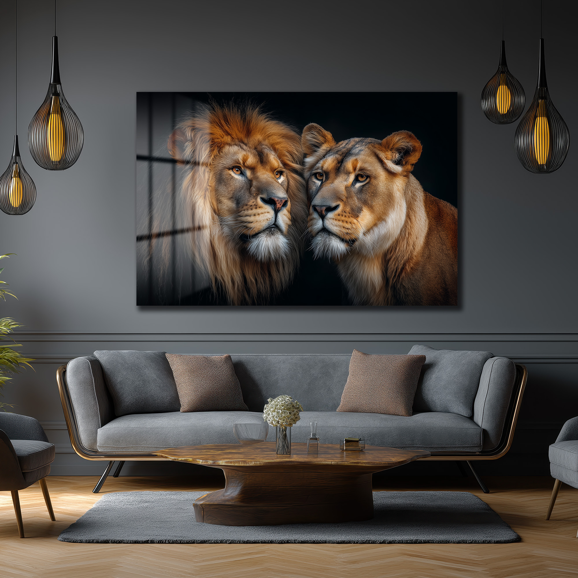 Aslan ve Dişi Aslanın Asil Bakışları Cam Tablo Duvar Dekoru Aslan ve Dişi Aslanın Asil Bakışları Cam Tablo