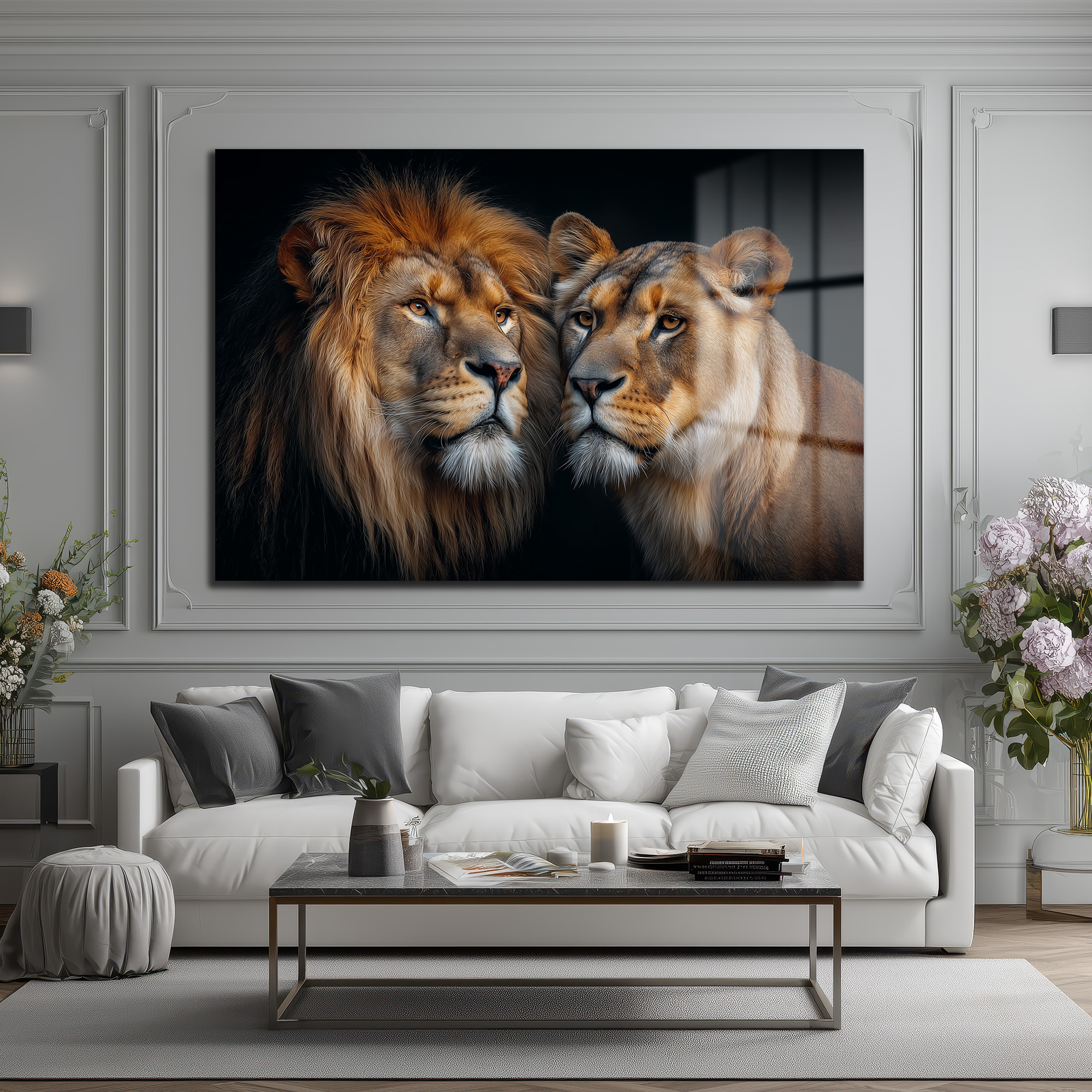 Aslan ve Dişi Aslanın Asil Bakışları Cam Tablo Duvar Dekoru Aslan ve Dişi Aslanın Asil Bakışları Cam Tablo