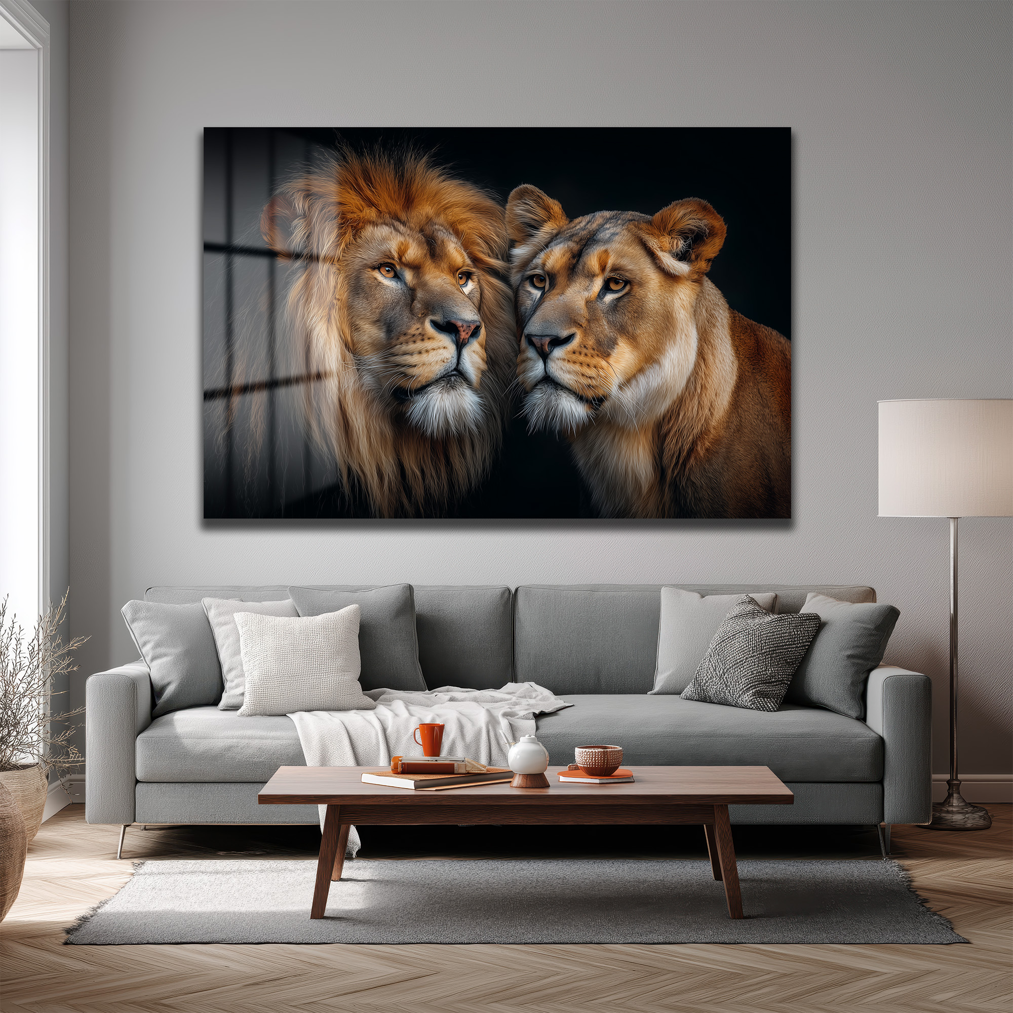 Aslan ve Dişi Aslanın Asil Bakışları Cam Tablo Duvar Dekoru Aslan ve Dişi Aslanın Asil Bakışları Cam Tablo