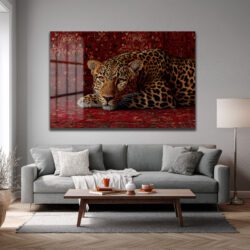 Asil Leopar Kırmızı Halıda Cam Tablo - Vahşi Yaşamın Zarafeti Duvar Dekoru Asil Leopar Kırmızı Halıda Cam Tablo - Vahşi Yaşamın Zarafeti