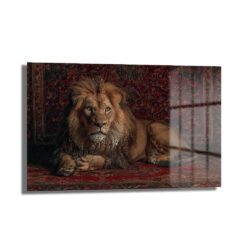 İhtişamlı Aslan ve Oryantal Halı Motifli Cam Tablo Duvar Dekoru İhtişamlı Aslan ve Oryantal Halı Motifli Cam Tablo