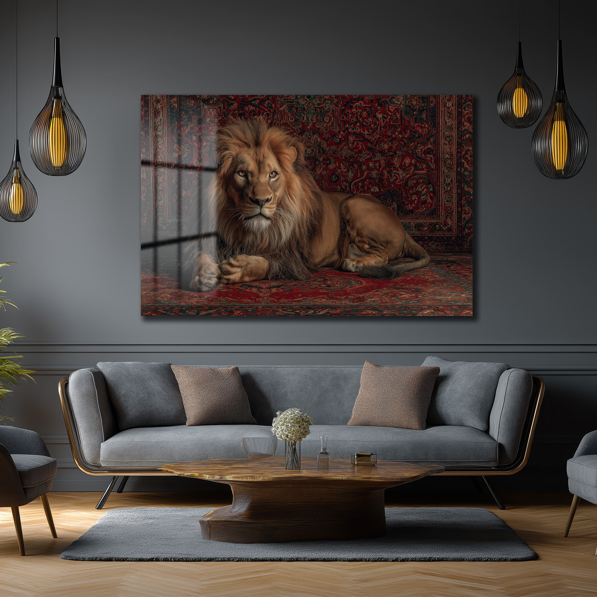 İhtişamlı Aslan ve Oryantal Halı Motifli Cam Tablo Duvar Dekoru İhtişamlı Aslan ve Oryantal Halı Motifli Cam Tablo