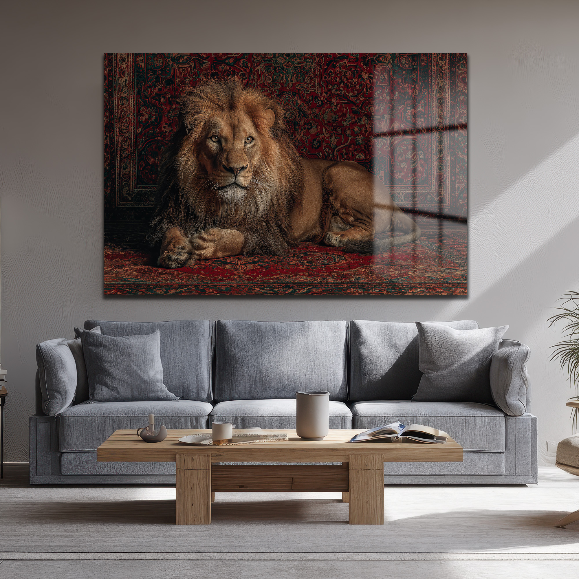 İhtişamlı Aslan ve Oryantal Halı Motifli Cam Tablo Duvar Dekoru İhtişamlı Aslan ve Oryantal Halı Motifli Cam Tablo
