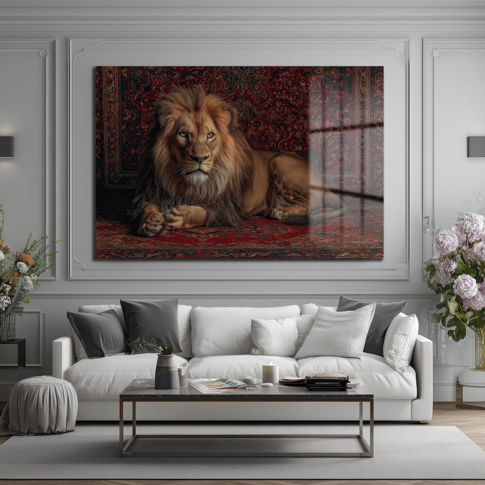 İhtişamlı Aslan ve Oryantal Halı Motifli Cam Tablo Duvar Dekoru İhtişamlı Aslan ve Oryantal Halı Motifli Cam Tablo