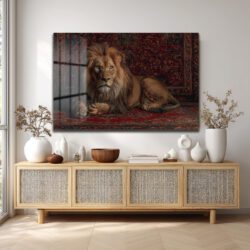 İhtişamlı Aslan ve Oryantal Halı Motifli Cam Tablo Duvar Dekoru İhtişamlı Aslan ve Oryantal Halı Motifli Cam Tablo