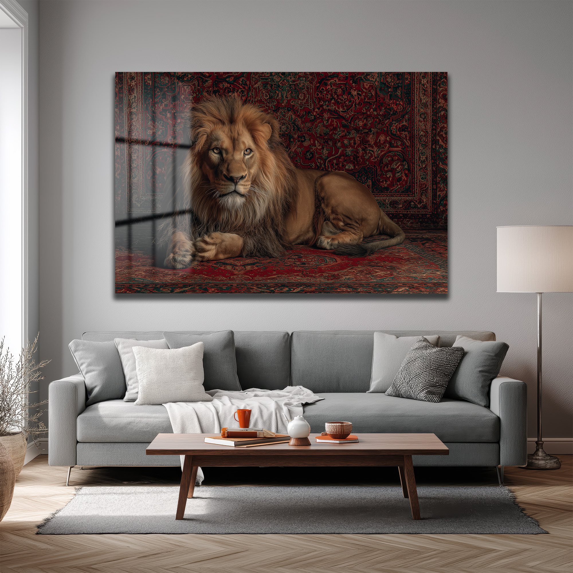 İhtişamlı Aslan ve Oryantal Halı Motifli Cam Tablo Duvar Dekoru İhtişamlı Aslan ve Oryantal Halı Motifli Cam Tablo