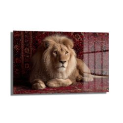 Asil Aslan Kırmızı Halı Üzerinde Lüks Cam Tablo Duvar Dekoru Asil Aslan Kırmızı Halı Üzerinde Lüks Cam Tablo