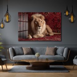 Asil Aslan Kırmızı Halı Üzerinde Lüks Cam Tablo Duvar Dekoru Asil Aslan Kırmızı Halı Üzerinde Lüks Cam Tablo