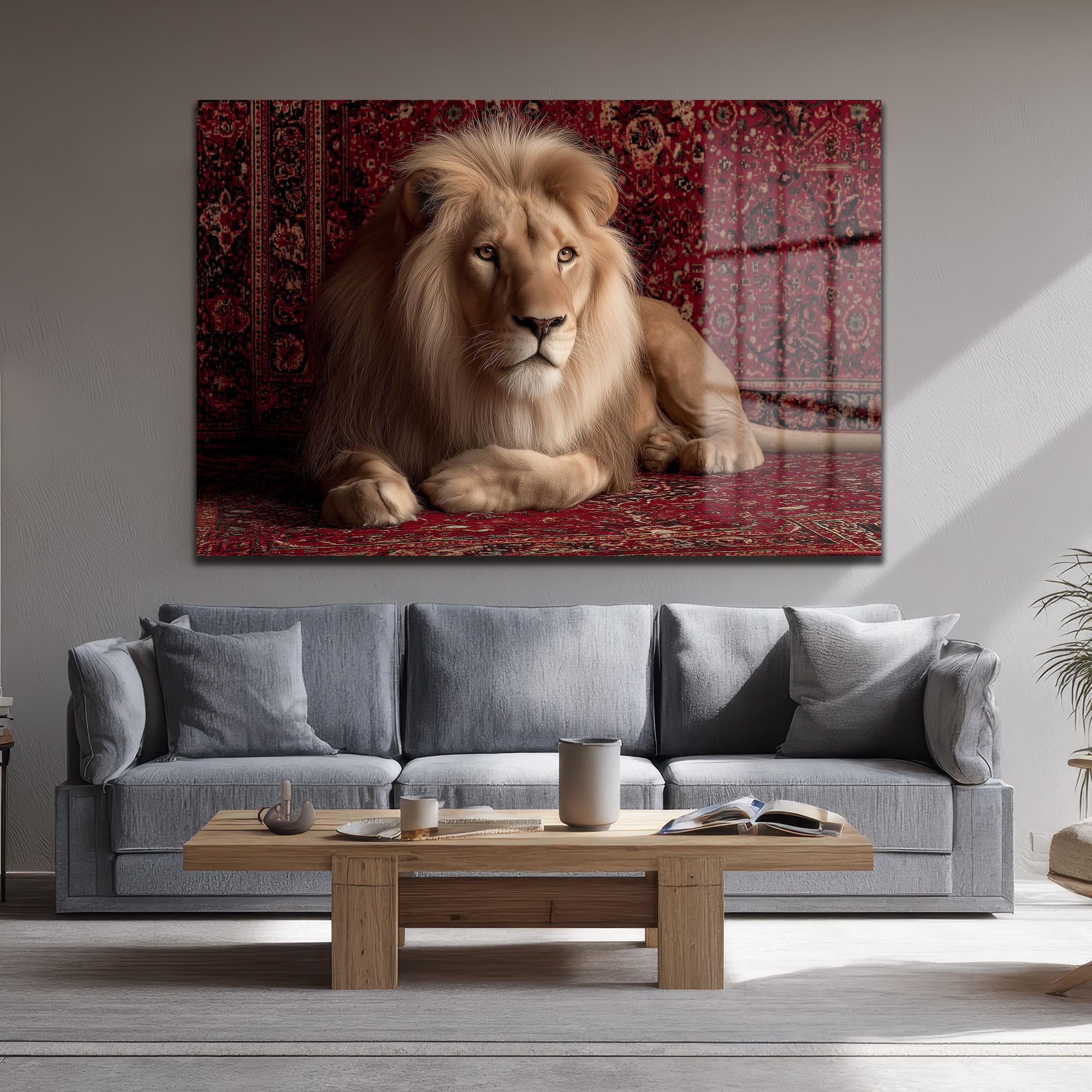 Asil Aslan Kırmızı Halı Üzerinde Lüks Cam Tablo Duvar Dekoru Asil Aslan Kırmızı Halı Üzerinde Lüks Cam Tablo