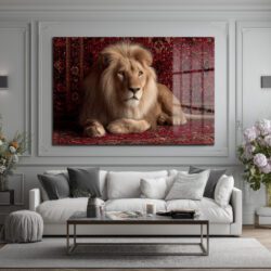 Asil Aslan Kırmızı Halı Üzerinde Lüks Cam Tablo Duvar Dekoru Asil Aslan Kırmızı Halı Üzerinde Lüks Cam Tablo