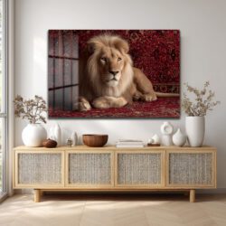 Asil Aslan Kırmızı Halı Üzerinde Lüks Cam Tablo Duvar Dekoru Asil Aslan Kırmızı Halı Üzerinde Lüks Cam Tablo