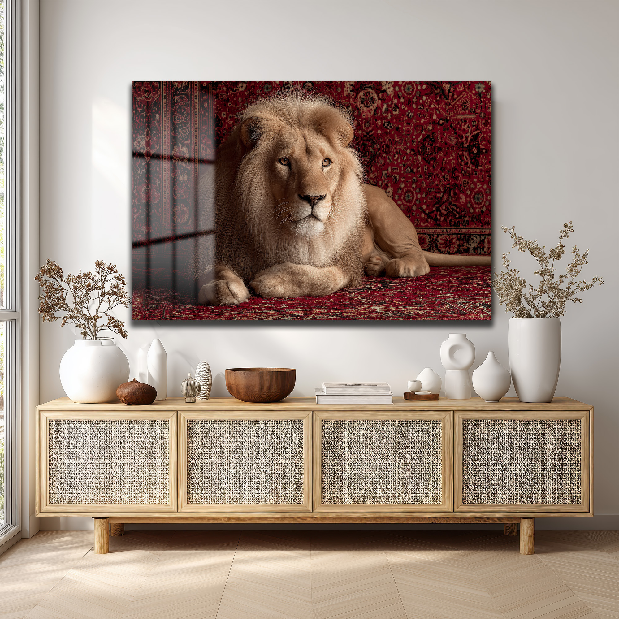 Asil Aslan Kırmızı Halı Üzerinde Lüks Cam Tablo Duvar Dekoru Asil Aslan Kırmızı Halı Üzerinde Lüks Cam Tablo