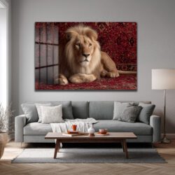 Asil Aslan Kırmızı Halı Üzerinde Lüks Cam Tablo Duvar Dekoru Asil Aslan Kırmızı Halı Üzerinde Lüks Cam Tablo