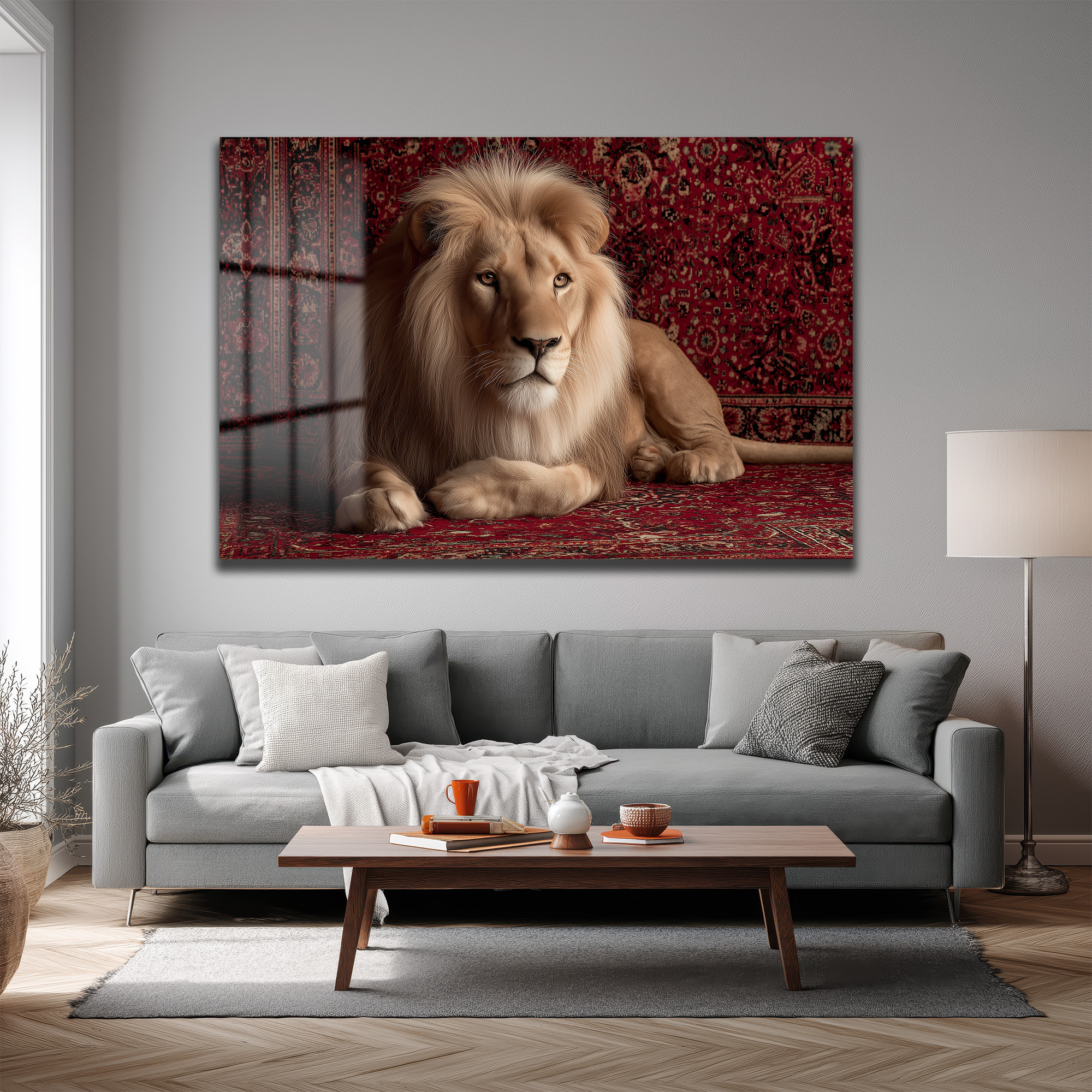 Asil Aslan Kırmızı Halı Üzerinde Lüks Cam Tablo Duvar Dekoru Asil Aslan Kırmızı Halı Üzerinde Lüks Cam Tablo