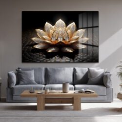 Altın Lotus Çiçeği Lüks Cam Tablo Duvar Dekoru Altın Lotus Çiçeği Lüks Cam Tablo